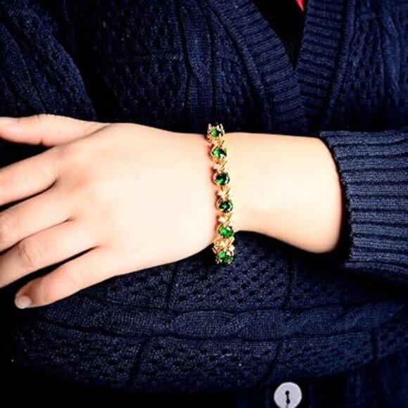 Neiman Marcus 18k Gold Plated Emerald Gemstone Round CZ Bracelet - Picture 1 of 4